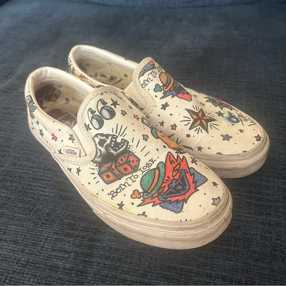 Vans Slip-On Sneakers - Cream Canvas with Multicolor Tattoo Graphics